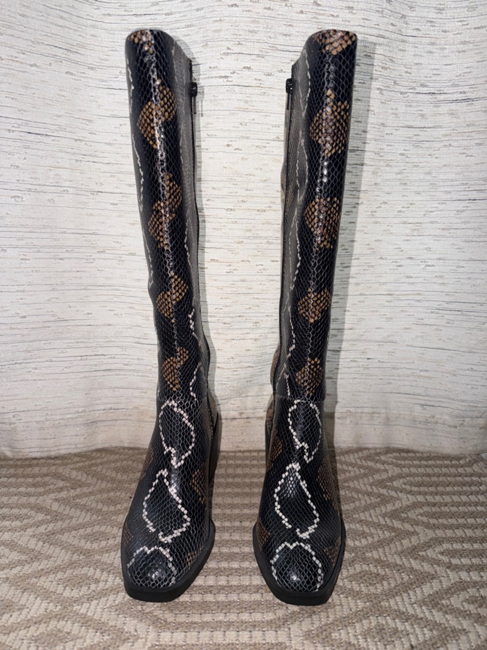 Crown Vintage Black and Brown Snake-Print Over-the-Knee Boots